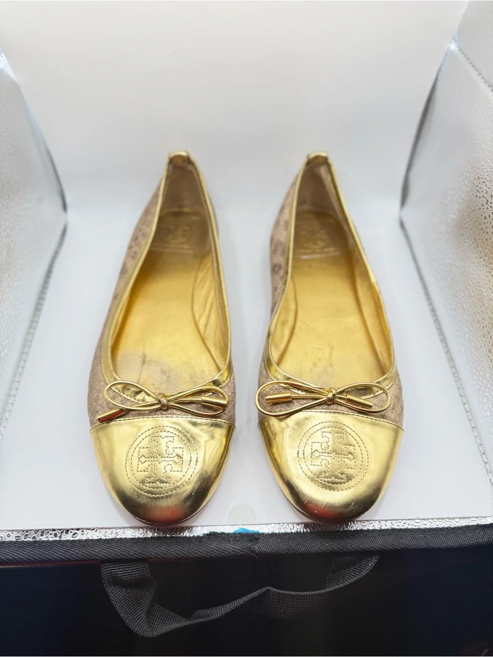TORY BURCH Verbena Snake Embossed Leather/Gold Patent Ballet Flat Size 9